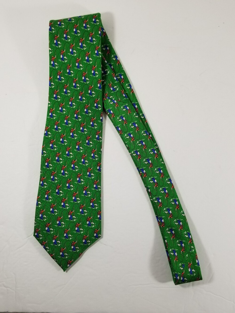 American Living Fly Fishing Tie Green Fisherman Silk Necktie 61 Inches Long